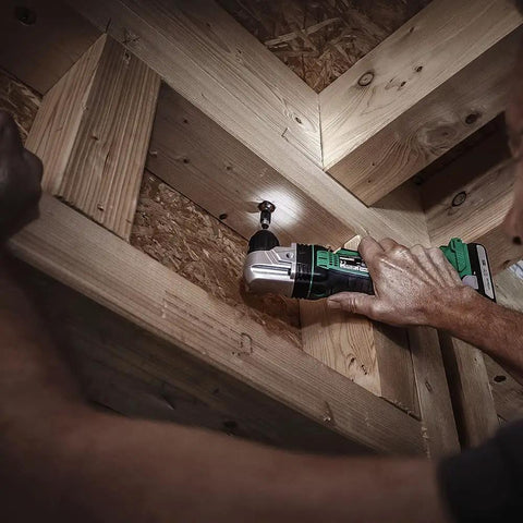 18V Right Angle Drill With 3/8 Inch Keyless Chuck being used to drill in a tight wooden frame corner