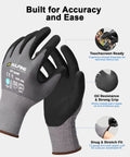 Safety Work Gloves MicroFoam Nitrile Coated Seamless Knit Nylon, 12 Pairs Pack, Black Micro Foam Grip shown front and side view