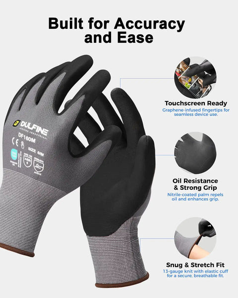 Safety Work Gloves MicroFoam Nitrile Coated Seamless Knit Nylon, 12 Pairs Pack, Black Micro Foam Grip shown front and side view
