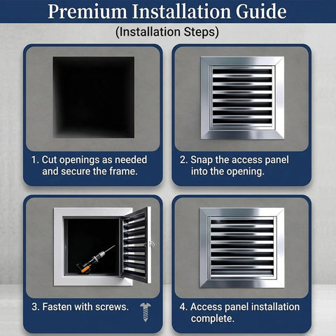 Premium installation guide showing steps to fit Heavy Louvered Access Panel For Drywall And Ceiling Vent Cover Rustproof 304 Stainless Steel Air Grille.