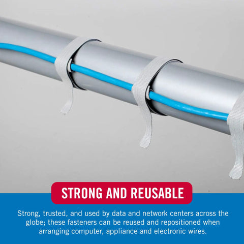 One Wrap Thin Ties Cable Management Straps securing blue wire on metal pipe