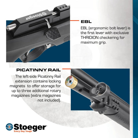 PCP Airgun With Scope And Hand Pump Combo.177 Caliber featuring EBL ergonomic bolt and Picatinny rail system detail view.