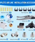 Complete air line installation accessories for heavy duty 3/4 inch shop air line kit with fittings, screws, clips, cutter.