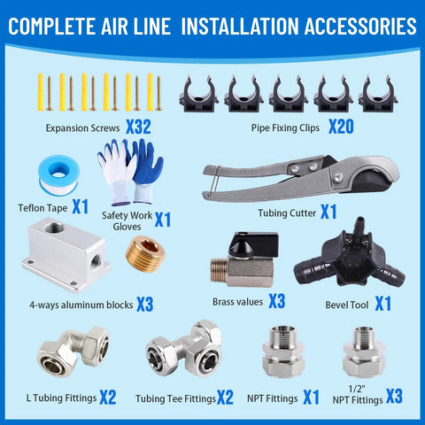 Complete air line installation accessories for heavy duty 3/4 inch shop air line kit with fittings, screws, clips, cutter.