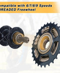 Close-up of threaded freewheel compatible with 6/7/8/9 speeds on all terrain mountain wheelset for 26, 27.5 and 29 inch bikes.