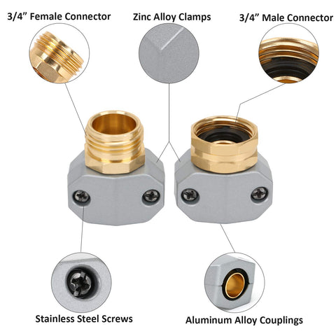 All Metal Garden Hose Repair Kit With Aluminum Mender Connectors And Zinc Clamps showing male and female connectors