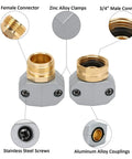 All Metal Garden Hose Repair Connector Kit With Aluminum Mender Fittings For Five Eighths Inch And Three Quarters Inch Hose Ends, Zinc Clamp, Stainless Screws, Reusable Male And Female End Connectors For Quick Fixes