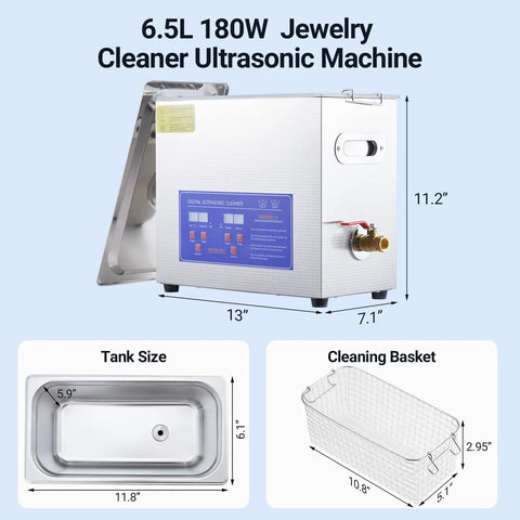 Six Point Five Liter Digital Ultrasonic Cleaner With Timer And Heater 40kHz 180W Pro Grade Cleaning System dimensions displayed