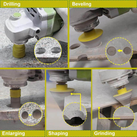Diamond core drill bit set for tile and stone, 10 pcs; diameters 6/8/20/35/50/65mm with 20mm finger bit and 50mm beveling bit.