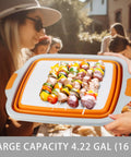 Large Collapsible BBQ Prep Tub With Lid 4.22 Gal 16L Foldable Camping Sink in use at outdoor picnic with skewers.