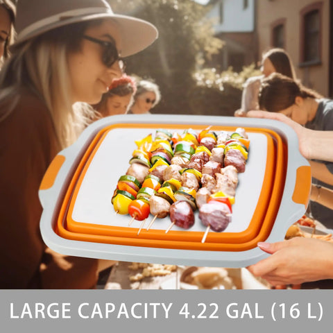 Large Collapsible BBQ Prep Tub With Lid 4.22 Gal 16L Foldable Camping Sink in use at outdoor picnic with skewers.