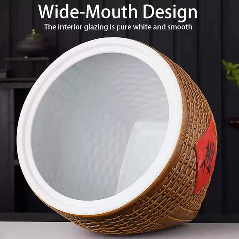 Top Shelf Ceramic Rice Storage Jar With Airtight Lid Chinese Design showing wide-mouth interior for easy access.