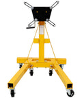 Heavy Duty Folding Engine Stand With Geared Rotating Head And 360 Degree Swivel Casters 1500 Lb Capacity front view with yellow steel frame.