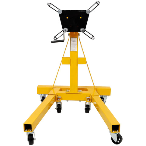 Heavy Duty Folding Engine Stand With Geared Rotating Head And 360 Degree Swivel Casters 1500 Lb Capacity front view with yellow steel frame.