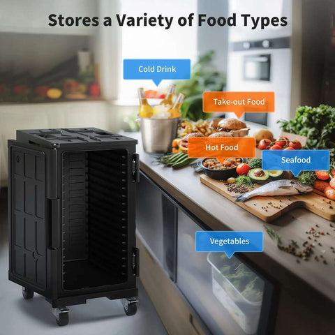 127 Qt Food Warmer Hot Box Carrier with Lockable Wheels and Double Buckles next to various food items in a kitchen