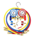 3 Way Brass Manifold Gauge Set for R134A R12 R22 R502 with 4 Foot Color Coded Hoses Quick Couplers Puncturing Can Tap 410 Adapter Valve Core Tool DIY Freon Charging and Recovery Kit blue and red gauges with hoses