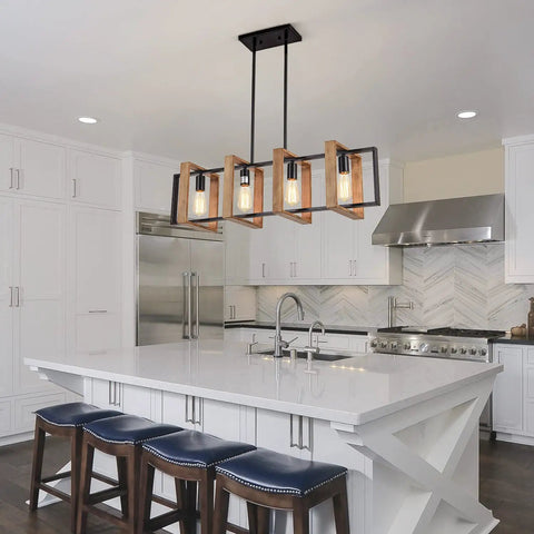 Rustic Black Metal And Wood Pendant Lights for Kitchen Island Four Light Farmhouse Dining Fixture over white table