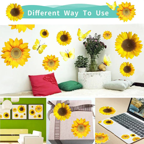 Sunflower Wall Stickers And 3D Gold Butterfly Decals Bundle displayed in various living spaces and on decor items.