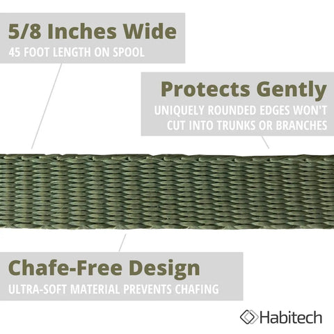 45 Foot Tree Tie Strap For Staking And Guying, Ultra Strong 1800 Lb Capacity, close-up of olive woven webbing, 5/8 inch wide
