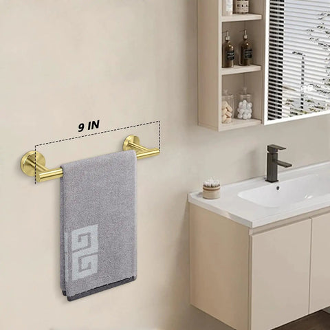 Heavy Duty Stainless Steel Towel Bar Wall Mount Rack For Bathroom And Outdoors, Rustproof 304 Stainless With Matte Black And Gold Finish, 24 Inch Overall Length, 21 Inch Usable Hanging Space, One Pack in a bathroom setup