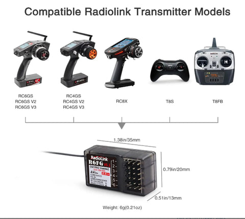 R6FG 6 Channel 2.4GHz Surface Receiver with compatible RC4GS and RC6GS transmitters for cars and boats, FHSS technology