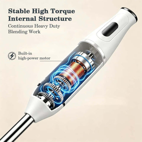 Top Shelf White Immersion Hand Blender Stick Mixer With 2 Speed Settings and Razor Sharp Stainless Steel Blades internal view showing high-power motor.