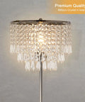 Close-up of Three Layer K5 Crystal Floor Lamp With Sparkling Triper Layer Shade showing 660 crystal beads and chrome finish.