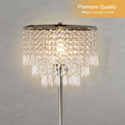 Close-up of Three Layer K5 Crystal Floor Lamp With Sparkling Triper Layer Shade showing 660 crystal beads and chrome finish.