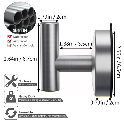 Diagram of Heavy Duty 4 Pack Suction Cup Hooks Brushed Nickel For Shower And Bathroom Removable Stainless Steel Wall Hooks Holds Up To 15 Lb No Drill Towel And Accessory Organizer For Kitchen Laundry, showing dimensions and features including waterproof and rust-proof traits.