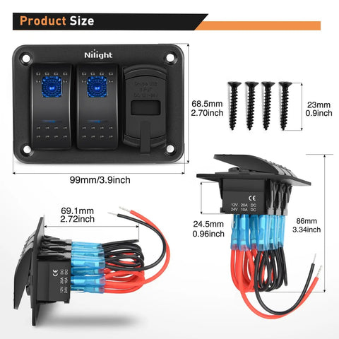 2 Gang Rocker Switch Panel All In One With Dual USB Charger And Volt Meter Waterproof 12V 24V DC For Cars Trucks Boats RVs Marine Outdoor Use Night Glow Stickers, 99mm