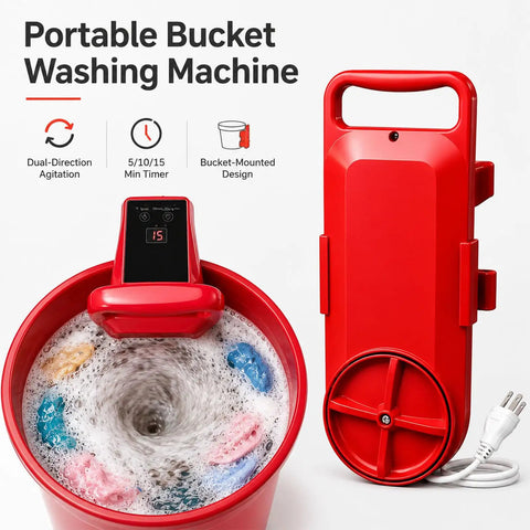 Portable Bucket Washer with dual agitator, adjustable timer in red, showing a swirling wash cycle, ideal for road trips and small spaces. Ditch The Laundromat Grind With This Portable Bucket Washer Featuring A Dual Agitator And Adjustable Timer For Zero Sweat Cleaning Perfect For Road Trips And Dorm Rooms A Game Changer Compact Setup That Handles Small Loads Effortlessly.