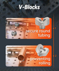 Welding Table Clamps And Fixture Pins Kit showing V-Blocks securing round tubing to prevent rolling on metal surface