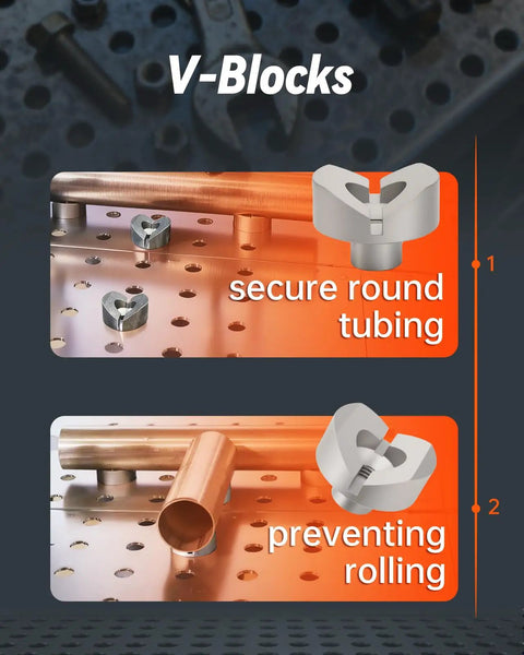 Welding Table Clamps And Fixture Pins Kit showing V-Blocks securing round tubing to prevent rolling on metal surface