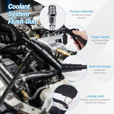 Pro Grade Coolant Flush Gun And Heater Core Cleaner Kit For Radiator And Engine Cooling System Featuring Dead Simple Dual Air Water Pressure And Slick One Hand Controls Fits 19 To 40 Mm Hoses, showing trigger handle and multi-size nozzle.