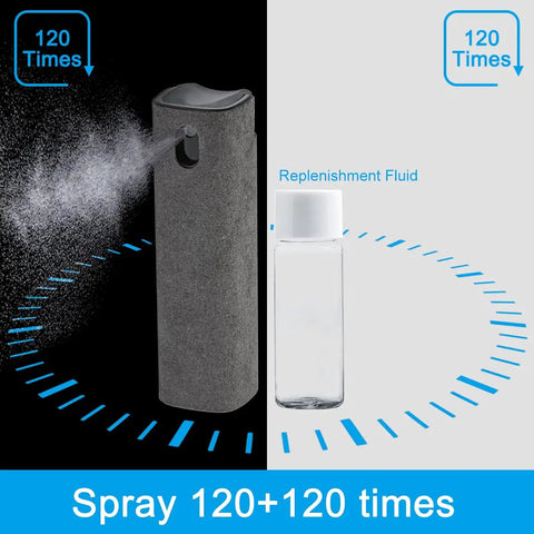 2 In 1 Screen Cleaner Kit With Mist Spray And Refill Microfiber Cloth Keyboard Brush And Glasses Cloth For Phones TVs Laptops Tablets Monitors Eyeglasses IPhone IPad MacBook Pro Like A Boss showing spray bottle and refill fluid