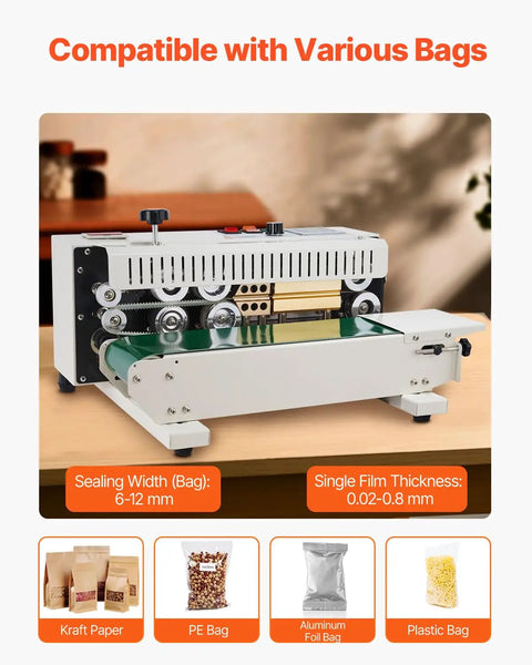 Heavy Duty Continuous Band Sealer Machine With Digital Temperature Control 600W Power Horizontal Bag Sealer on wooden table