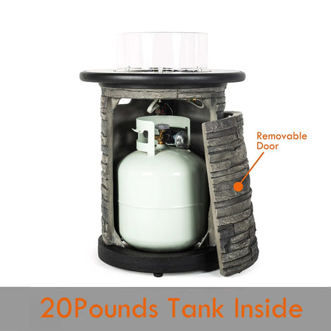 Outdoor Propane Fire Pit Table With Round Porcelain Tile Top 40,000 BTU Fire Bowl Column Auto Ignition with open stone door