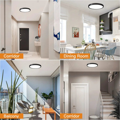 LED Flush Mount Ceiling Light 18W 180W Equivalent Slim Black Fixture, 8.9 Inch, installed in corridor, dining room, balcony