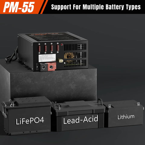 Dang Tough 55 Amp RV Power Converter with Built In Four Stage Smart Battery Charger 110V AC to 12V DC, showing various battery types.
