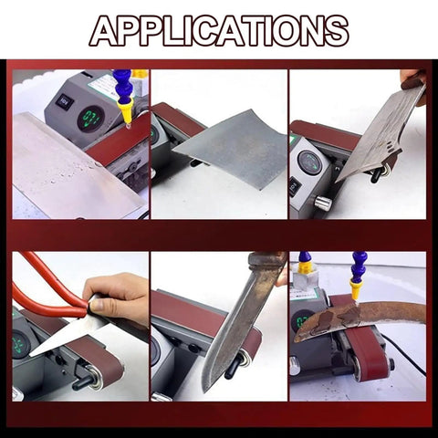 Heavy Duty Wet And Dry Bench Belt Sander With Adjustable Speed Multi-Angle Head, Includes 10 Sanding Belts for various applications.