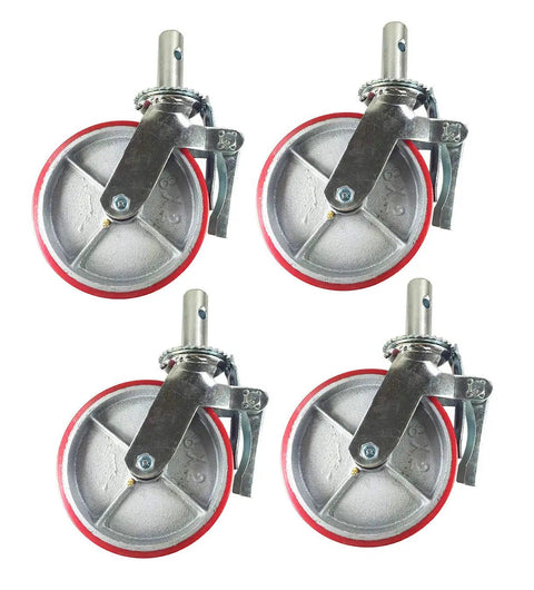 Heavy Duty Scaffold Casters With Red Rubber Wheels And Locking Brakes 8 Inch Industrial Rollers For Smooth Cart Travel Set Of Four Tough Load Wranglers Up To 3200 Pounds Capacity Built To Crush The Daily Grind