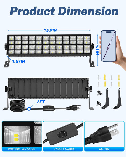 Two Pack 100W LED Shop Lights 14000 Lumens 6000K Daylight Plug In Garage Lights With 6 Foot Power Cord IP66 Waterproof Beast Bright 120 Degree Beam For Garage, Workshop, Warehouse, Outdoor Yard Garden, showing dimensions and components