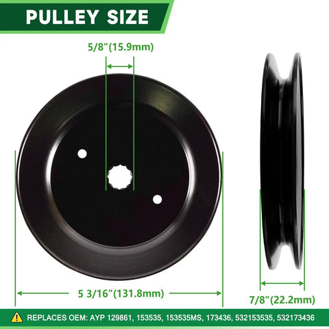 Side and front view of metal pulley with dimensions for 42 Inch Deck Rebuild Kit Fits Mower Models LT1000 LT2000 DLT3000 DYT4000 DIY Friendly Decks Includes Spindles 130794 Blades 127843 Idlers 153535 173438 173437 And Belt 21547082 For No Fuss Install.