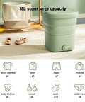 Totally Clutch Portable Foldable Washing Machine For Dorm Rooms And Tiny Spaces in green, showing 18L capacity with clothing items.