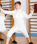 Young fencer wearing Youth Fencing Chest Guard Lightweight PVC Chest Protector For Boys Kid Friendly Comfort And Safe Practice Gear