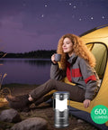 Four Pack Solar Camping Lanterns USB Rechargeable LED Lanterns Portable Battery Powered Lights next to a camper by a tent