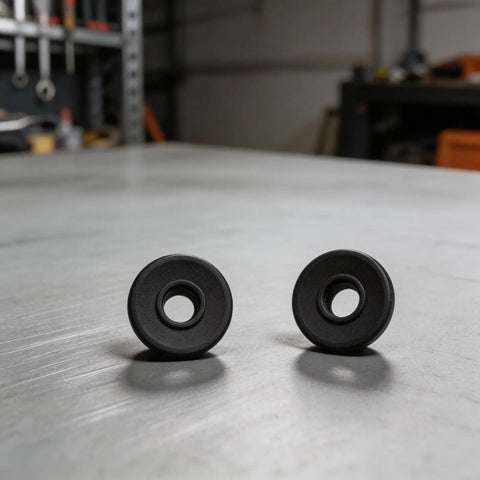Bulletproof Rubber Grommet Kit For 1/8 5/32 And 3/16 Inch Cable Railing Posts featuring two black rubber grommets on a metal surface.