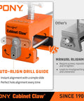 4 Pack Cabinet Clamps Set With 8510 Cabinet Claw showing auto-align drill guide versus manual alignment system