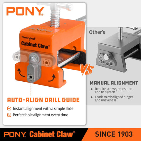 4 Pack Cabinet Clamps Set With 8510 Cabinet Claw showing auto-align drill guide versus manual alignment system