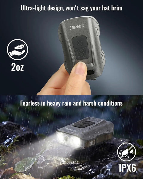 Clip On Hat Light With 500 Lumen Output Ultra Lightweight Headlamp 7 Modes Including Motion Sensor And Hover To Dim Stepless Dimming IPX6 Waterproof Type C Rechargeable Ideal For Fishing Camping Running, compact and shown in rain.